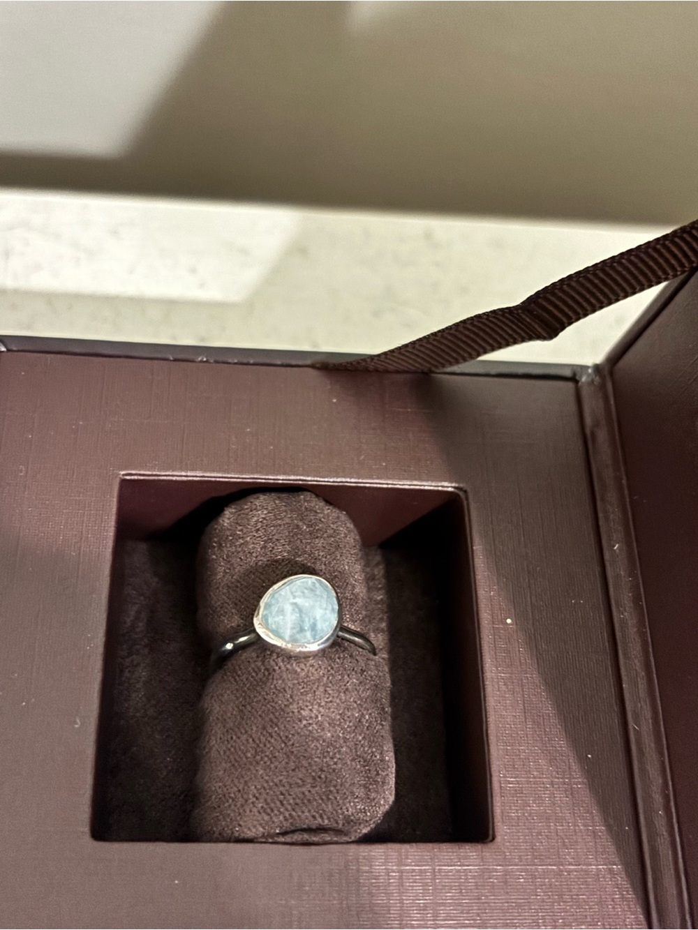 MONICA VINADER Sterling Silver Siren Ring with Aquamarine Stone, size 5.5